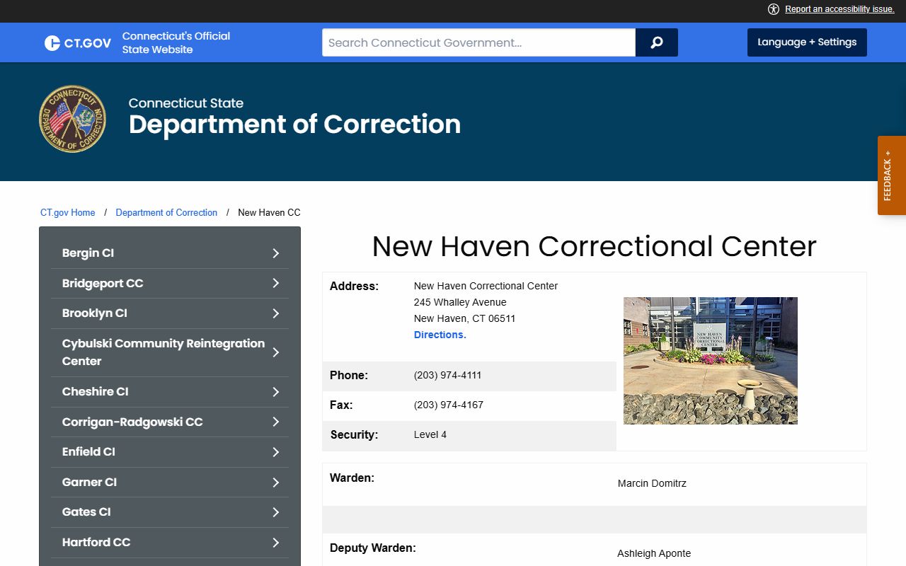 New Haven Correctional Center inmate lookup page for Waterbury custody